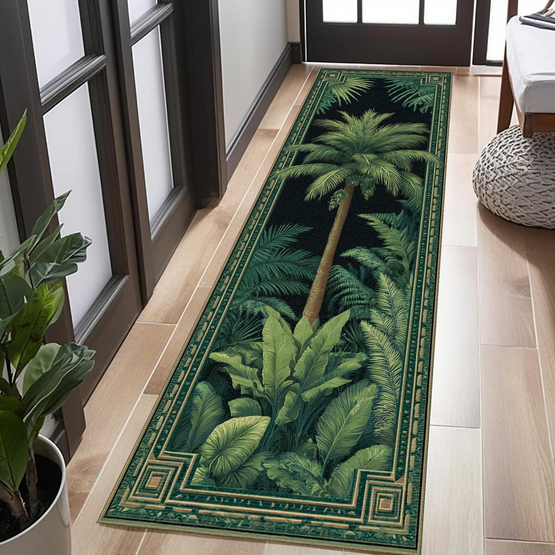 Tropical Palm Tree Runner Rug, Green Botanical Hallway Runner, Art Deco ...