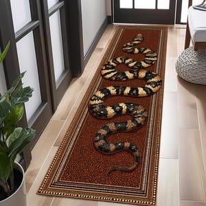 Puede incluir: Una alfombra rectangular marrón con un diseño de serpiente. La serpiente es negra, marrón y beige, y parece estar enrollada en la alfombra. La alfombra tiene un borde estampado y está colocada en una puerta.