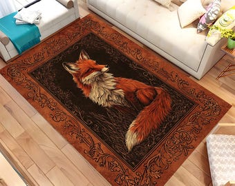 Rustikaler Fuchs Teppich für Wohnzimmer, Tier-Dekor, gemütliche Bodenmatte für Schlafzimmer, großer Vintage-Stil Teppich, Tierteppich