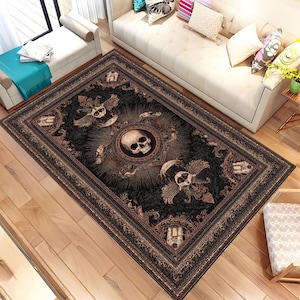Gothic Skull Rug, Winged Skeleton Area Carpet, Occult Home Decor Rug, Dark Horror Aesthetic Rug, Black Macabre Vintage Rug, Area Rug