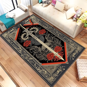 Tappeto con spada gotica, tappeto medievale Dark Roses, tappeto fantasy con drago, arredamento gotico nero e rosso, esclusivo tappetino Dark Academia