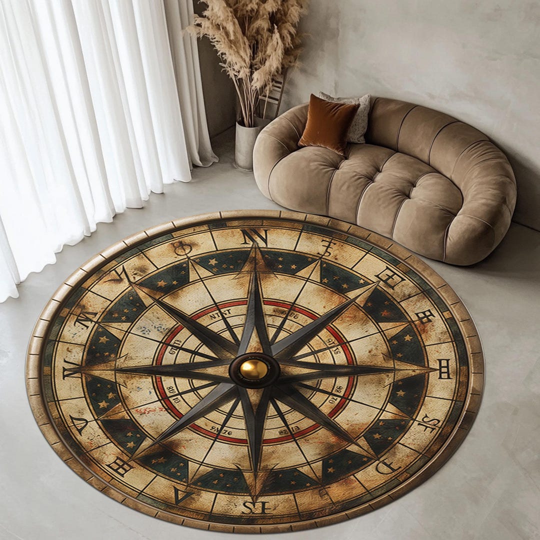 Compass Rug, Round Rug, Retro Style Compass Rug, Round Compass Rug ...