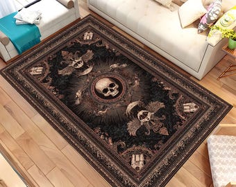 Gothic Skull Rug, Winged Skeleton Area Carpet, Occult Home Decor Rug, Dark Horror Aesthetic Rug, Black Macabre Vintage Rug, Area Rug