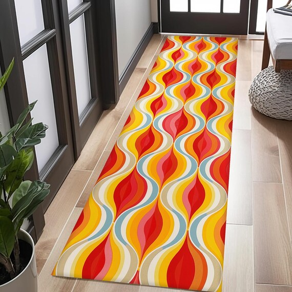 Retro Läufer, Teppichläufer, Mid Century Modern Flur Teppich, Psychedelischer 70er Teppich, Geometrischer Teppich Läufer, Retro Küche Flur Deko