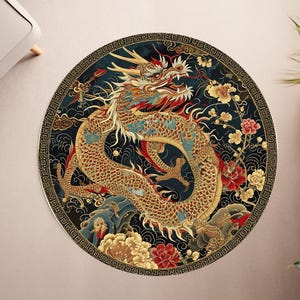 Alfombra redonda personalizada con diseño de dragón para sala de estar, oficina, diseño oriental asiático, decoración del hogar con criaturas míticas, alfombra redonda, alfombra popular