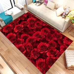 Red Rose Area Rug, Romantic Floral Carpet, Bold Flower Print Rug for Bedroom, Valentines Day Decor Rug, Gothic Rose Floor Mat, Floral Rug