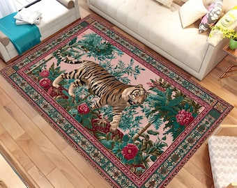 Tiger Rug, Exotic Jungle Carpet, Oriental Animal Area Rug, Tropical Floral Living Room Decor, Bohemian Safari Tiger Carpet, Area Rug
