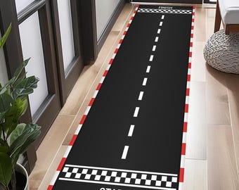 レーストラックランナーラグ、最初から最後までカーペット、子供用カープレイマット、レーシング廊下ランナー、男の子の部屋用ブラックホワイトチェック柄スポーツラグ