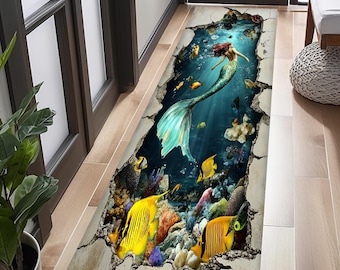 3D Mermaid Ocean Runner Rug – Underwater Illusion Hallway Carpet with Coral Reef and Tropical Fish, Fantasy Floor Decor for Beach Lovers