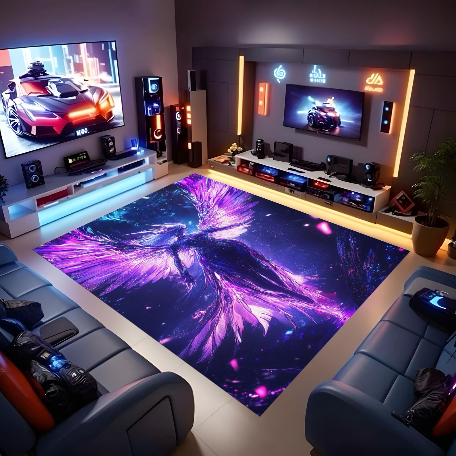 Gaming Rug Full View Angel Rug, Gaming Rug, Gaming Room Decor, Neon Rug, Area Rug, Rugs for ...