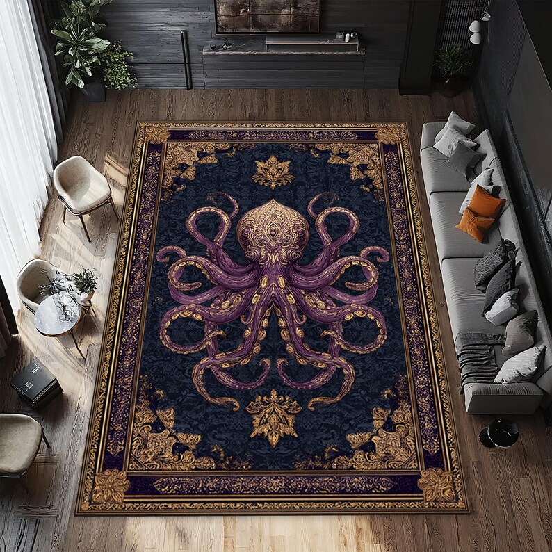 Vintage Octopus Teppich, Krakenteppich, Erstaunlicher Oktopusteppich, Tierteppich, Wohnzimmerteppich, Goth-Dekor, Dekorteppich, personalisiertes Geschenk, Bild 2