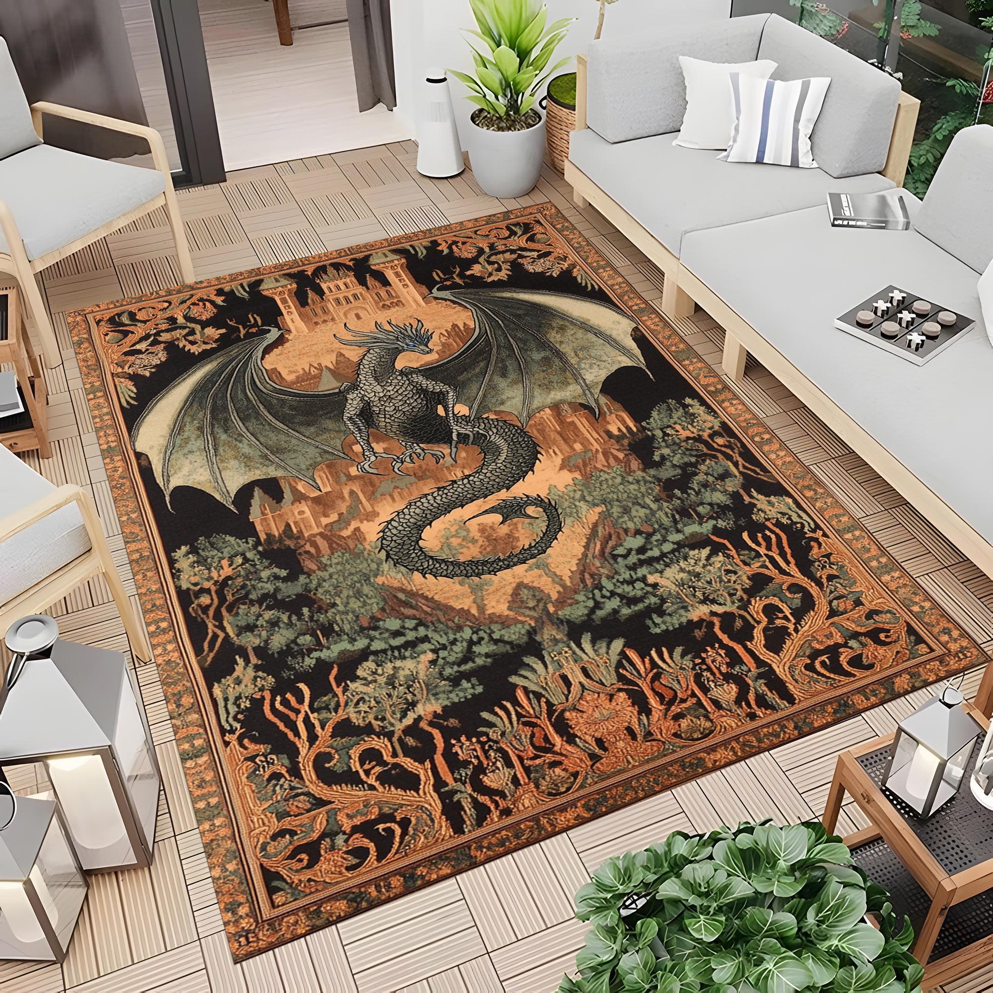 Dragon Castle Area Rug, Gothic Medieval Fantasy Decor, Black and Gold ...