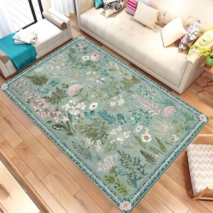 Botanical Floral Area Rug, Vintage Cottagecore Carpet, Nature Inspired Home Decor, Shabby Chic Floor Mat, Botanical Rug, Floral Room Decor