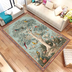 Tree of Life Botanical Rug, Vintage Birds Area Carpet, Nature Inspired Floral Floor Mat, Parrot Garden Rug, Cottagecore Home Decor