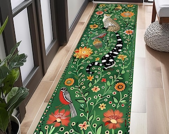 Boho Jungle Runner Rug, Leopard and Birds Design, Vibrant Green Animal Print Carpet for Hallway, Kitchen, or Entryway, Nature Inspired Decor