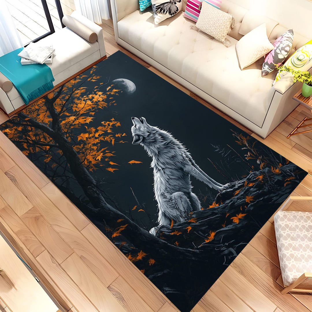 Wolf Rug, Wolf Area Rug, Wolf and Moon Rug, Animal Rug, Cool Rug ...