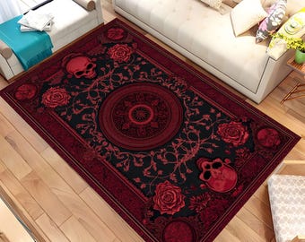 Alfombra de calavera gótica, alfombra rosa oscuro, alfombra de estética alternativa, decoración punk rock, alfombra única de estilo gótico, alfombra para sala de estar