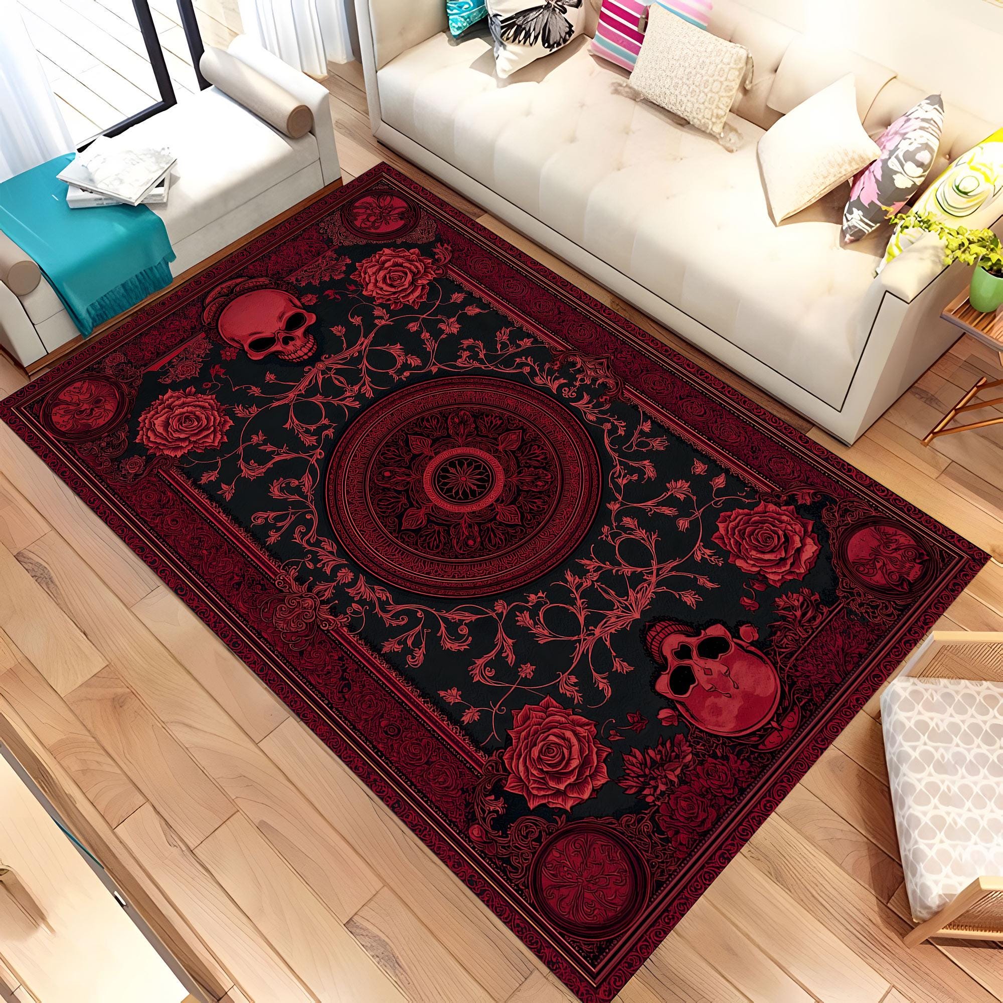 Punk Rugs Gothic Skull Rug, Dark Rose Carpet, Alternative Aesthetic Floor Mat ...
