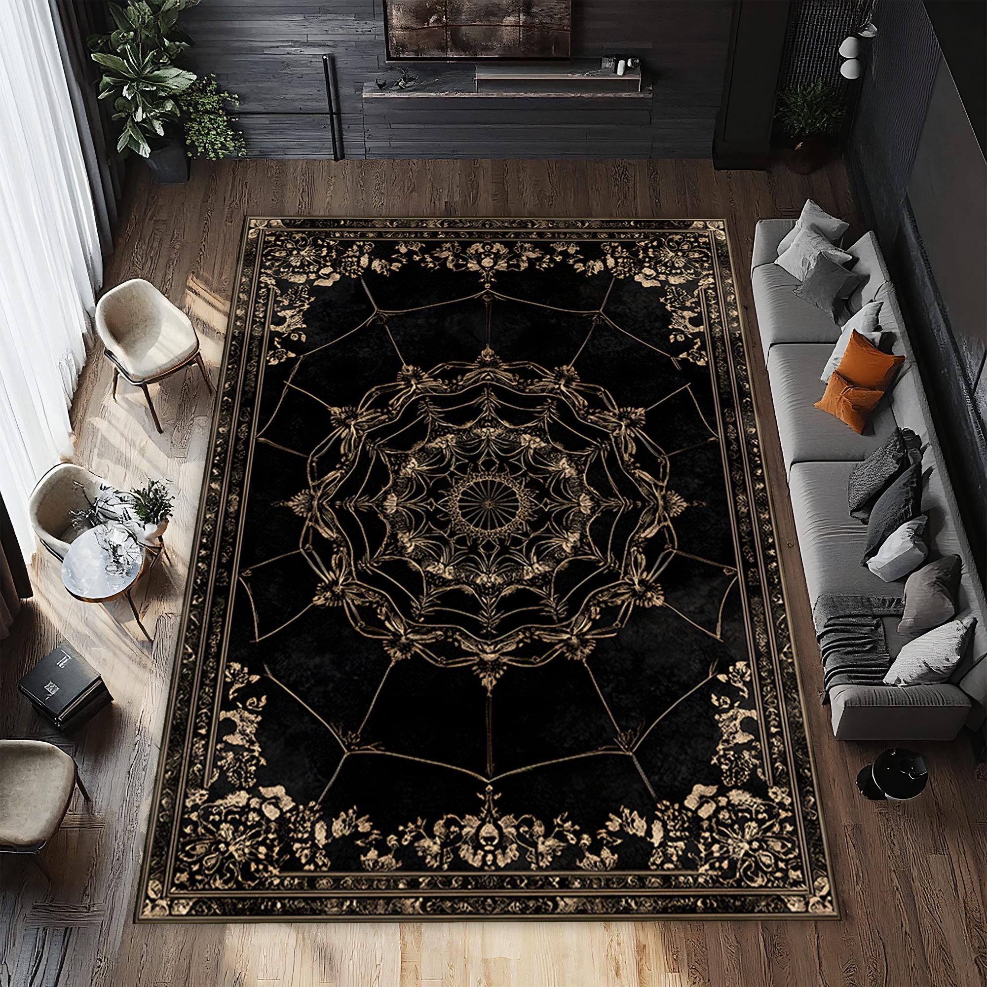 Gothic Spider Web Area Rug, Black Gothic Rug for Dark Academia