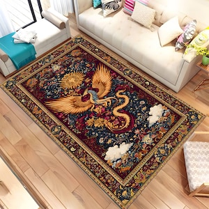 Phoenix and Dragon Oriental Rug – Luxurious Chinese Mythology Carpet with Gold Threads, Red Floral Tapestry Style for Living Room or Study