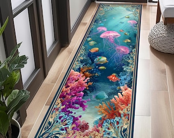 Ocean Jellyfish Runner Rug, Underwater Coral Hallway Rug, Tropical Fish Runner Carpet, Sea Life Corridor Rug, Coastal Marine Decor Runner