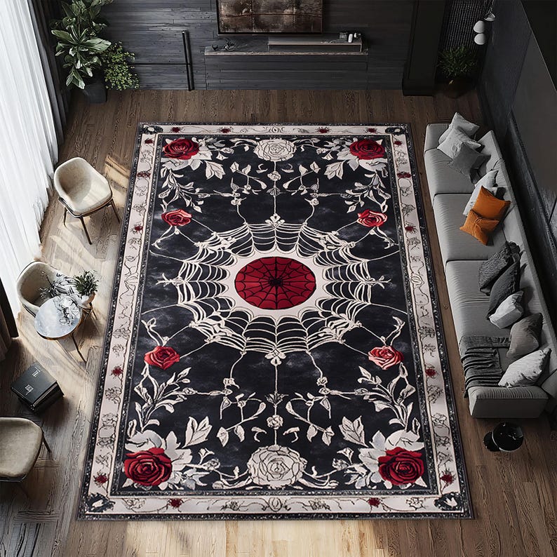Gothic Spiderweb Area Rug, Dark Aesthetic Rose Carpet, Victorian Horror ...