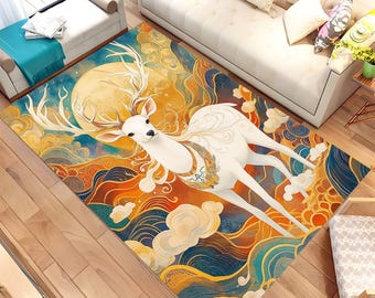 Boho Deer Art Area Rug For Living Room, Meditation Space, Large Antlered Deer Rug, Area Rug, Decor Rug, Gift Rug, Cool Rug, Custom Rug