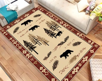 "Getaway Trail" Lodge Cabin Area Rug - Bear Deer Pine Cone Design, Custom Sizes