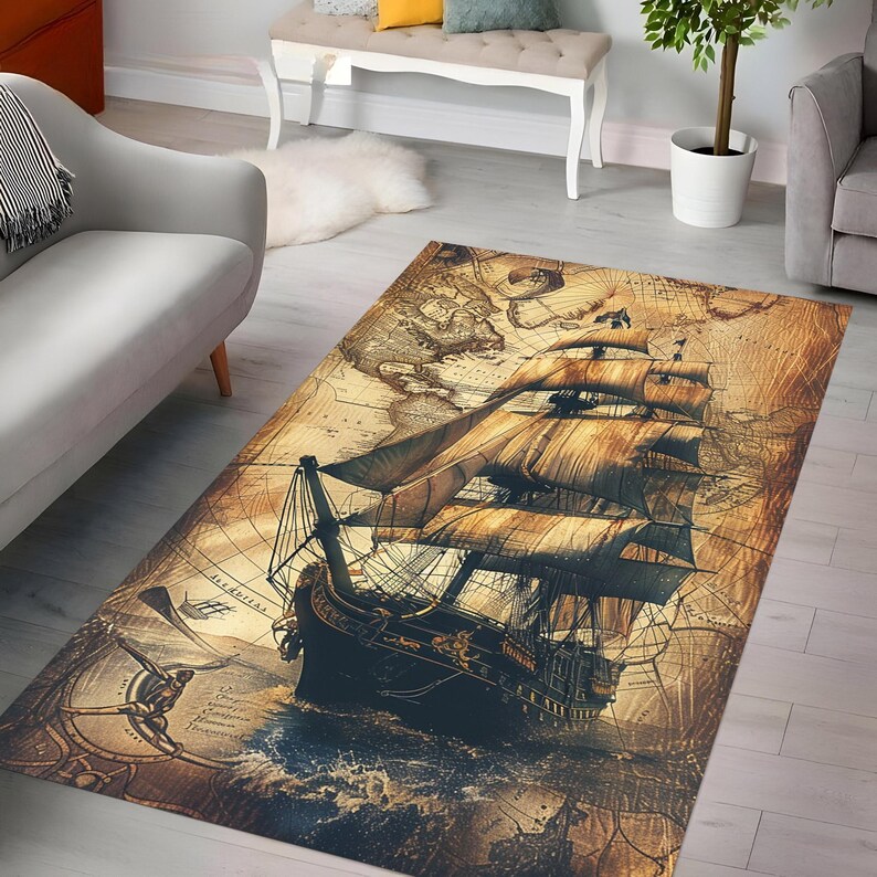 Ship Rug, Pirate Ship Rug, Vintage Pirate Ship Rug, Home Decor, Area ...