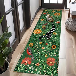 Alfombra bohemia de estilo selvático con diseño de leopardo y pájaros, con estampado animal verde vibrante para pasillo, cocina o entrada, decoración inspirada en la naturaleza.