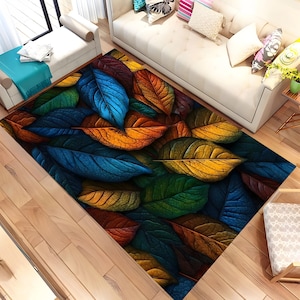 Colorful Rug, Leaf Rug, Colorful Leaf Rug, Leafs Pattern Rug, Living Room Rug, Gift For She, Decor Rug, Gift Rug, Cool Rug, Custom Rug