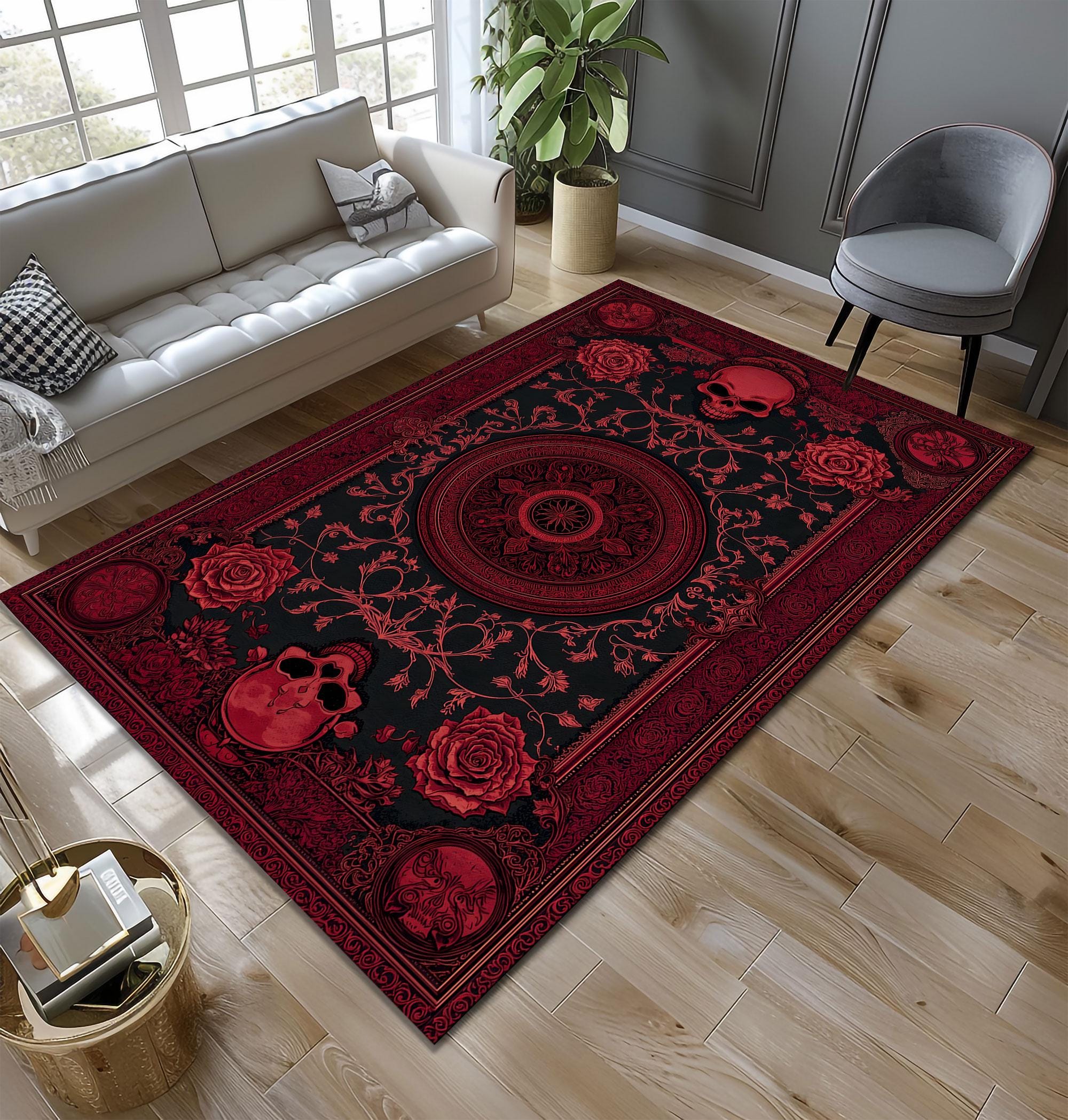 Punk Rugs Gothic Skull Rug, Dark Rose Carpet, Alternative Aesthetic Floor Mat ...