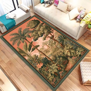 Tropical Jungle Area Rug, Botanical Forest Landscape Carpet, Vintage Palm Tree Rug, Exotic Nature Floor Mat, Tropical Home Decor Rug