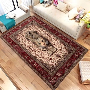 Leopard Themed Living Room Area Rug, Animal Print Carpet for Wildlife Lovers, Cozy Leopard Decor Accent, Vibrant Wildlife Rug for Home Decor