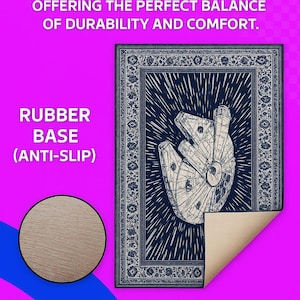 The image is a product advertisement for a rug, specifically a 3-5 mm thick rubber base rug with a black and white design featuring the Millennium Falcon from Star Wars.