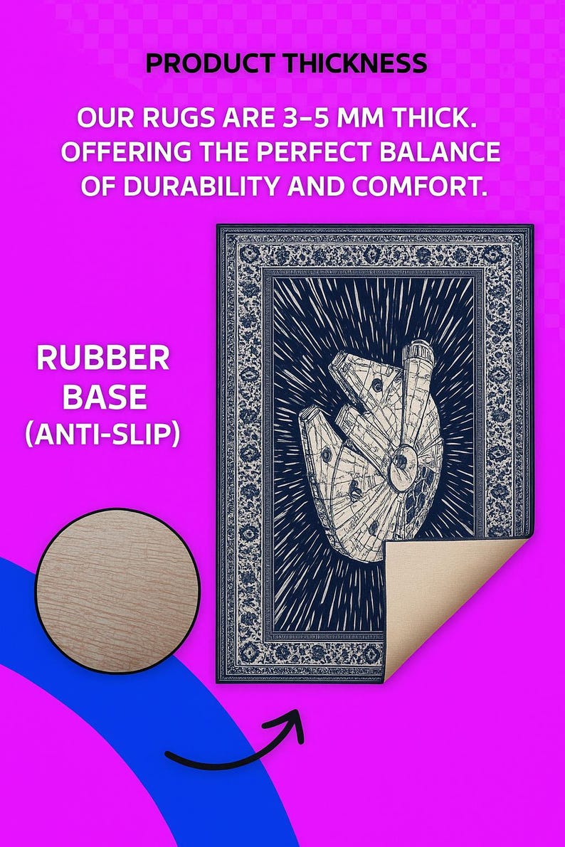 The image is a product advertisement for a rug, specifically a 3-5 mm thick rubber base rug with a black and white design featuring the Millennium Falcon from Star Wars.