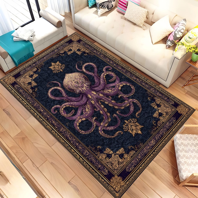Vintage Octopus Teppich, Krakenteppich, Erstaunlicher Oktopusteppich, Tierteppich, Wohnzimmerteppich, Goth-Dekor, Dekorteppich, personalisiertes Geschenk, Bild 1