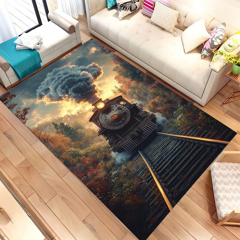 Red Train Rug Train Rug, Train Pattern Rug, Railway Rug, Steam Train Rug, Tree Rug ...
