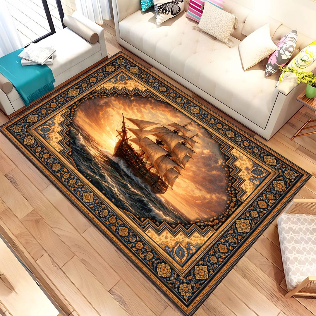 Vintage Sailing Ship Classic Design Rug, Nautical Ocean Storm Area ...