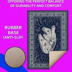 The image is a product advertisement for a rug, specifically a 3-5 mm thick rubber base rug with a black and white design featuring the Millennium Falcon from Star Wars.