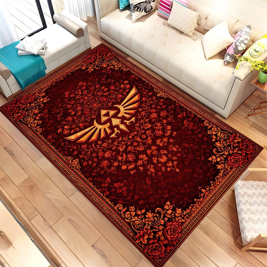 Zelda Crest Rug, Hylian Shield Carpet, Gamer Room Decor, Red Floral ...