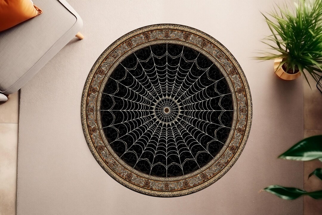 Gothic Spider Web Round Rug, Black Gold Halloween Rug, Witchy Gothic ...