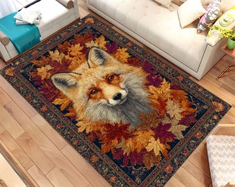 Fuchs Teppich, Teppich Herbstblätter, Tierteppich, Tierteppich, Rustikale Boho Teppich, Tierteppich