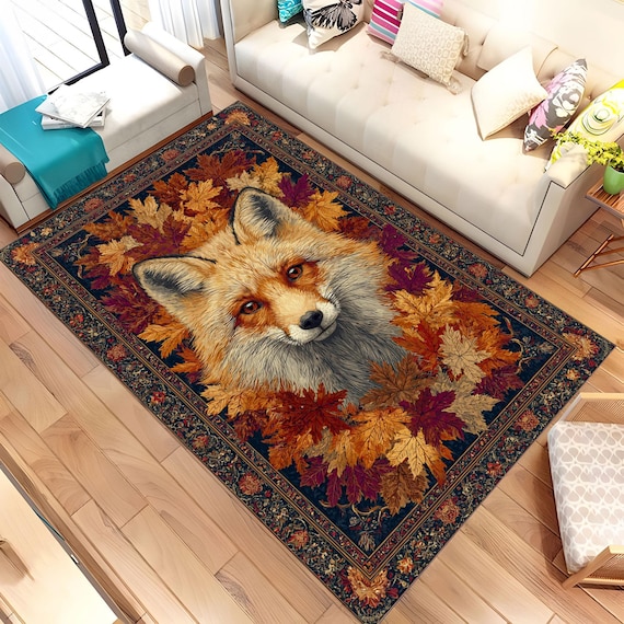 Fuchs Teppich, Teppich Herbstblätter, Tierteppich, Tierteppich, Rustikale Boho Teppich, Tierteppich