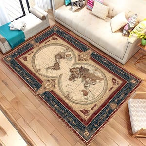 Vintage World Map Rug, World Map Rug, Old World Map Rug, Map Themed Rug, Vintage Pattern Map Rug, Area Rug, Cool Rug, Living Room Rug