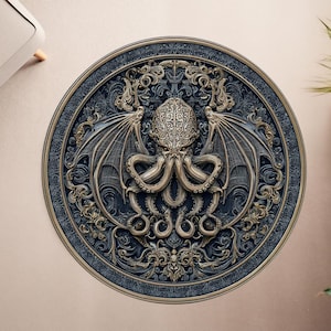Cthulhu Round Rug, Lovecraft Gothic Area Carpet, Eldritch Horror Mythical Rug, Tentacle Monster Rug, Dark Fantasy Round Decor Mat, Round Rug
