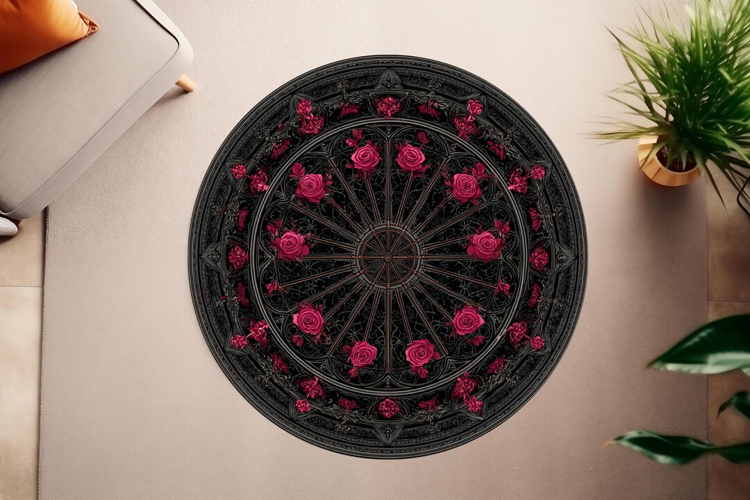 Round Gothic Rug Round Gothic Rose Rug, Dark Floral Mandala Area Rug, Black & Pink ...