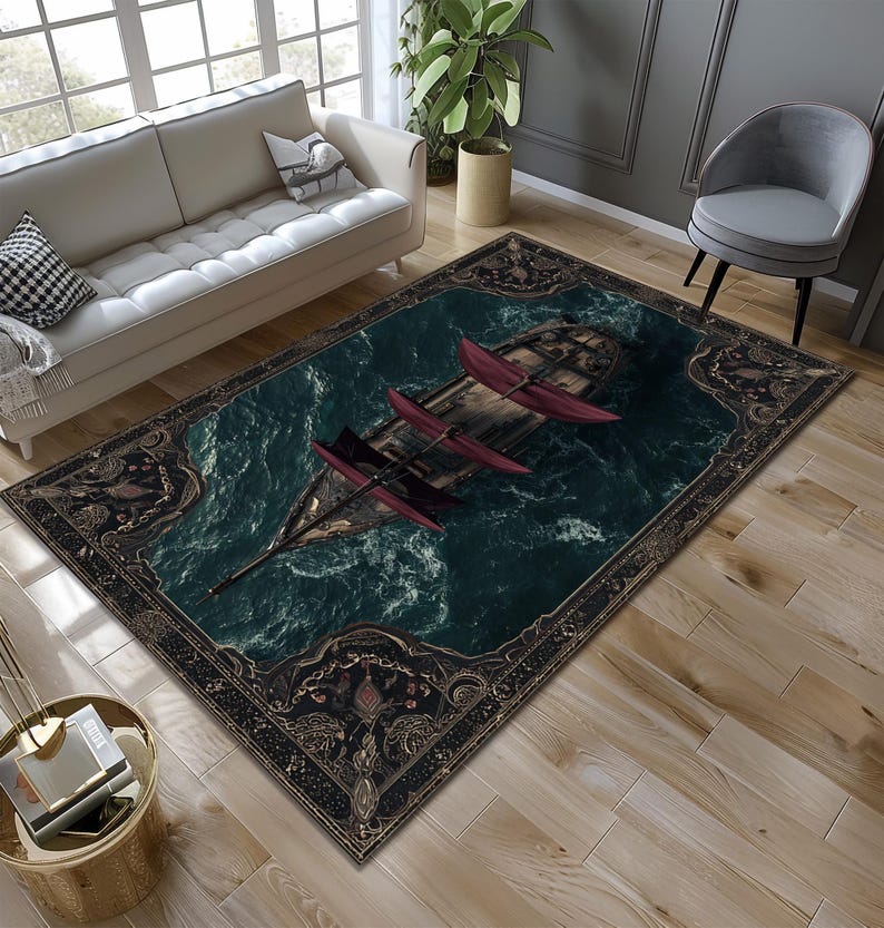 Gothic Pirate Ship Area Rug, Dark Fantasy Ocean Rug, Medieval Ship ...