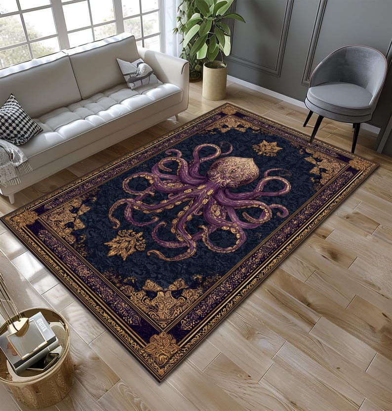Vintage Octopus Teppich, Krakenteppich, Erstaunlicher Oktopusteppich, Tierteppich, Wohnzimmerteppich, Goth-Dekor, Dekorteppich, personalisiertes Geschenk, Bild 3