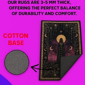 The image is a product advertisement for a rug, highlighting its thick 3-5 mm material and the cotton base.